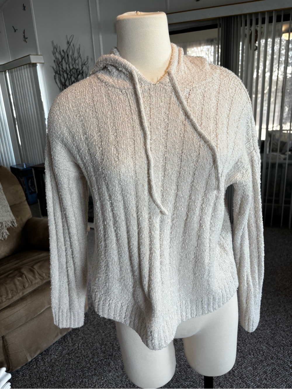 Hippie Rose Cream Textured Knit Hooded Sweater